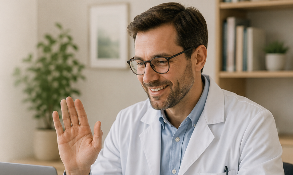 Licensed physician doing a virtual review on a laptop